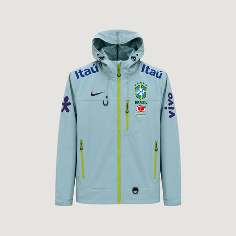 Brésil – Veste Coupe-Vent à Capuche – Gris Bleu & Vert Citron