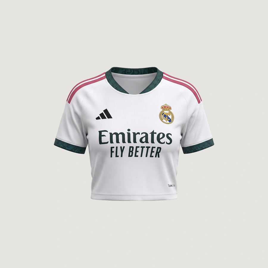 Real Madrid – Crop Top Domicile 2026/27 – Blanc, Vert sapin, Rose – face