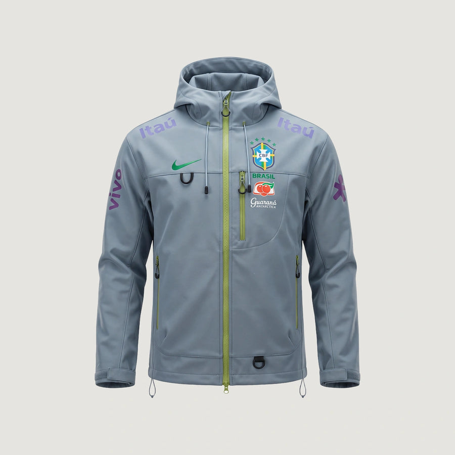 Brésil – Veste Coupe-Vent à Capuche – Gris Bleu & Vert Citron – face